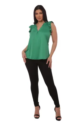 V-Neck Tops With Ruffle Armhole Detail - Green