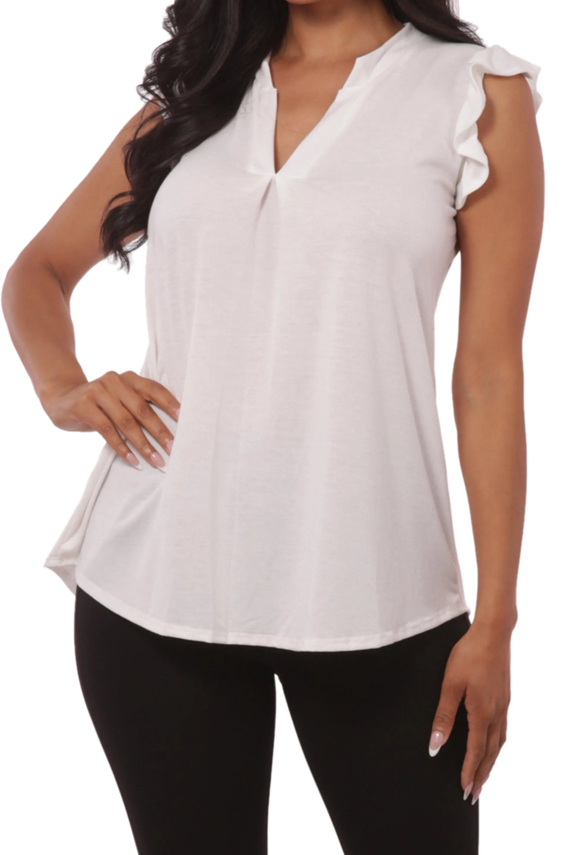 V-Neck Tops With Ruffle Armhole Detail - Ivory