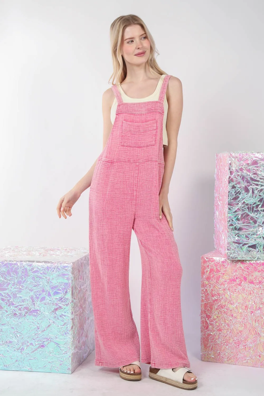 VERY J Texture Washed Wide Leg Overalls - Online Exclusive