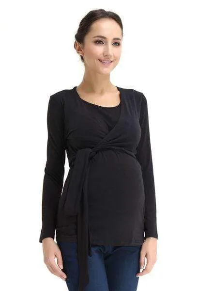 Vicky Tie Up Bamboo Cotton Long Sleeve Nursing Top Black