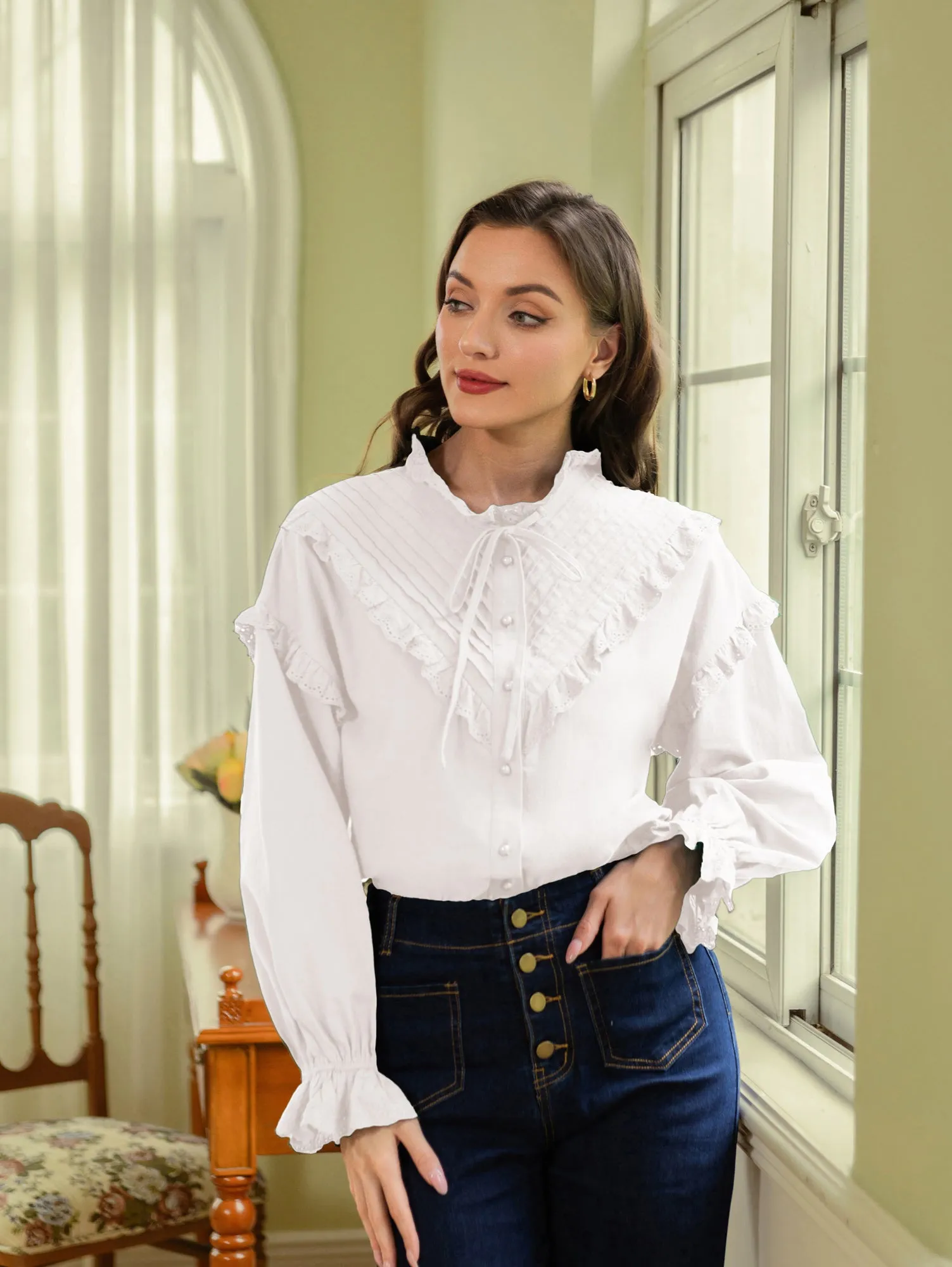 Vintage Cotton Shirt Long Sleeve Stand Collar Button-up Tops